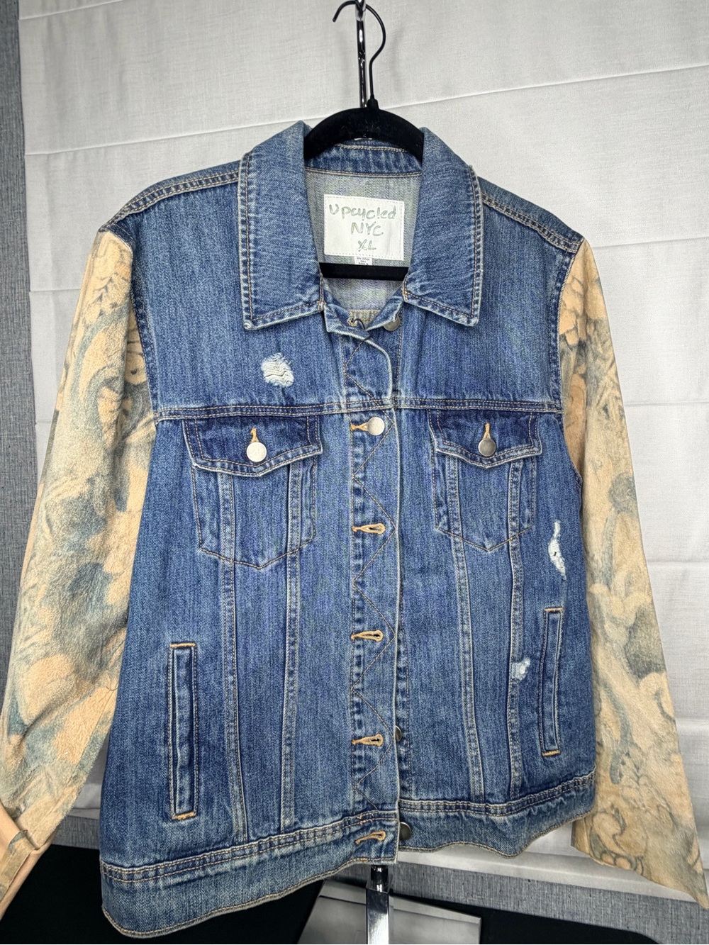 NWT Blue Denim Jacket with Beige and blue Patterned Suede Sleeves